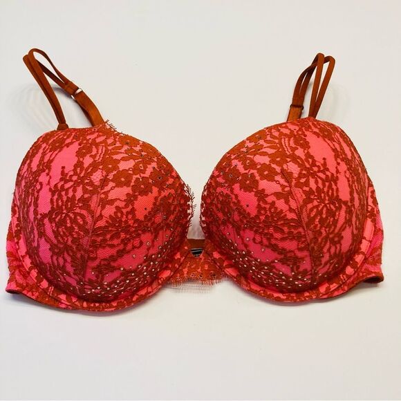 Victoria's Secret Very Sexy Push‎ Up Bra Pink Lace Rhinestone Bling Size 36D - Picture 1 of 6
